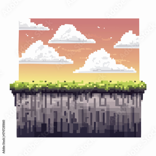 Nobody interface of pixel game platform, evening and sunset view, cloudy sky and green grass with bushes, adventure and level, computer graphic vector, pixelated nature for mobile app games