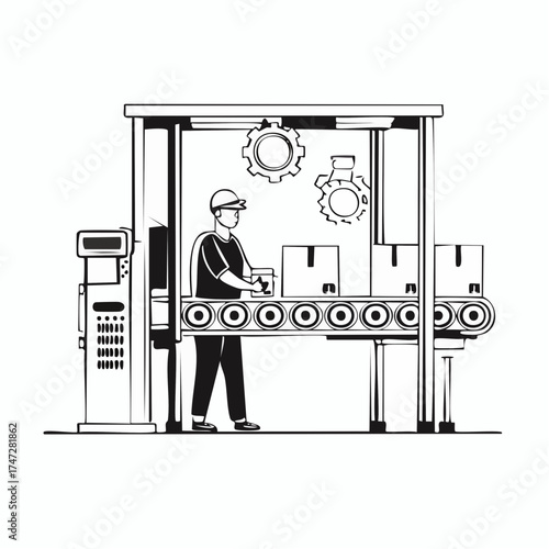 Man puts parcels in cardboard boxes. Conveyor with gears, spare parts passing through metal detector