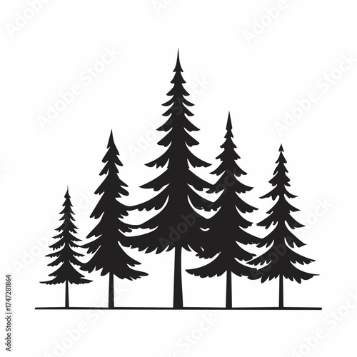 Set of vector black silhouettes firs and pines. Flat illustrations of forest trees. Winter wood. Taiga high powerful spruce. Forever green tree. Plants and trees. Flat vector isolated on white