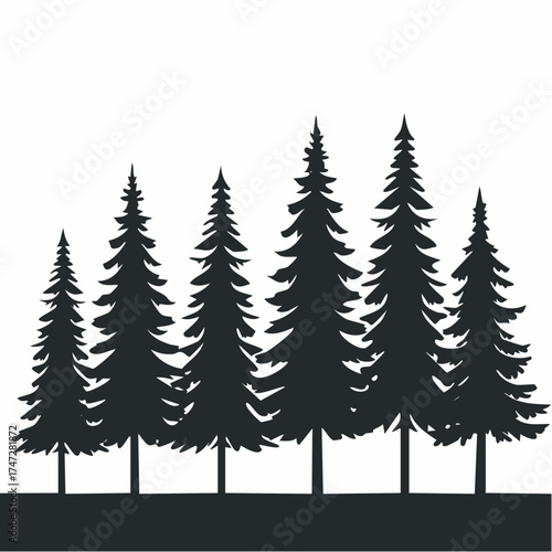 Set of vector black silhouettes firs and pines. Flat illustrations of forest trees. Winter wood. Taiga high powerful spruce. Forever green tree. Plants and trees. Flat vector isolated on white