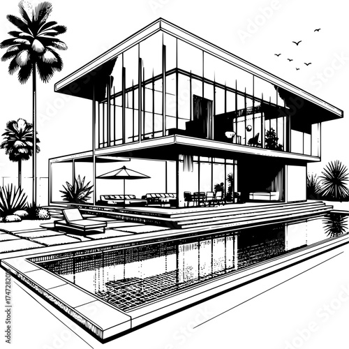 Modern Luxury Home Illustration: A sophisticated illustration showcasing a modern luxury home with clean lines, large windows, and a pristine swimming pool.