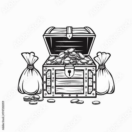 Gold Treasures in Old Wooden Chest and Fabric Bag