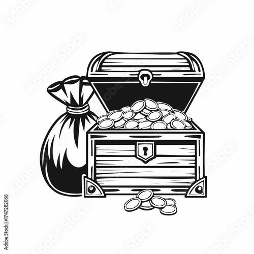 Gold Treasures in Old Wooden Chest and Fabric Bag