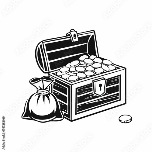 Gold Treasures in Old Wooden Chest and Fabric Bag