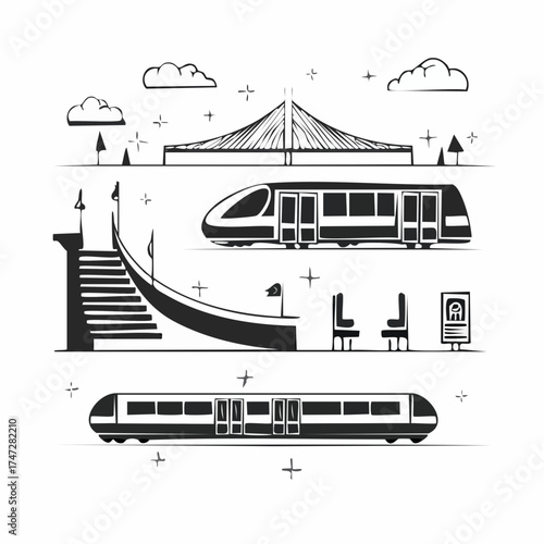 Metro station and passenger train vector illustration. Set with moving staircase, navigation, passenger seats, turnstile for website infographics. Trains of subway, high speed public transport metro
