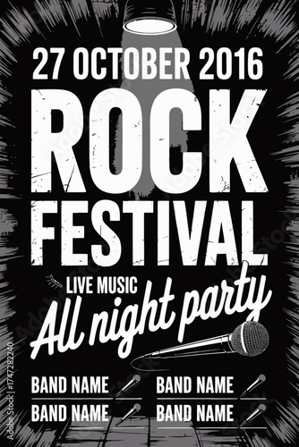 This striking poster captures the spirit of a rock festival featuring live music performances by various bands, ideal for exciting attendees about a night of entertainment.