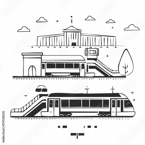 Metro station and passenger train vector illustration. Set with moving staircase, navigation, passenger seats, turnstile for website infographics. Trains of subway, high speed public transport metro