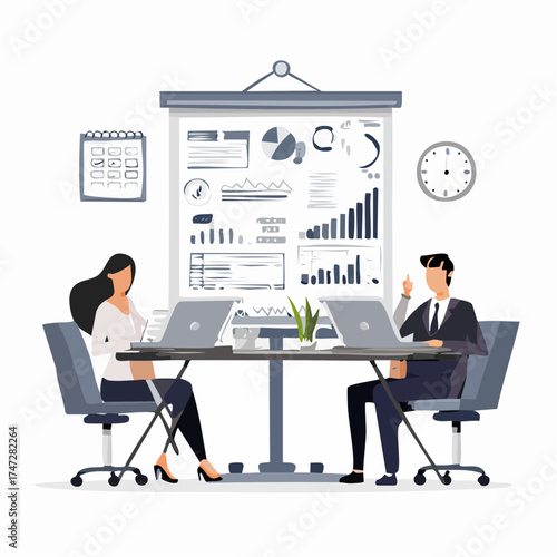 Set with master class presentation training. Teamwork or team building, office business meeting. Team brainstorming, annual report and statistics graphics discussion and planning. Business people work