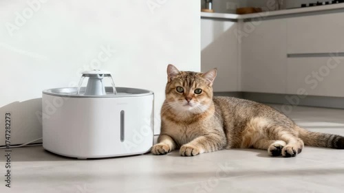 Tabby cat lying on the floor next to an automatic water fountain in a modern kitchen