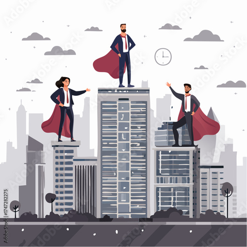 Entrepreneurs in superman coats, business heroes webpage vector. Men and women in superhero outfits on top of skyscrapers landing page or site flat style