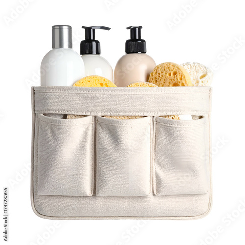 Canvas bath caddy holds toiletries and natural sponges. Neutral, clean, spa-like aesthetic
