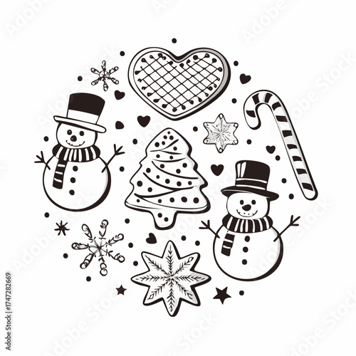 Christmas holidays symbolic isolated icons of gingerbread cookies vector. Snowman and pine tree evergreen spruce, heart and candy lollipop stick mistletoe