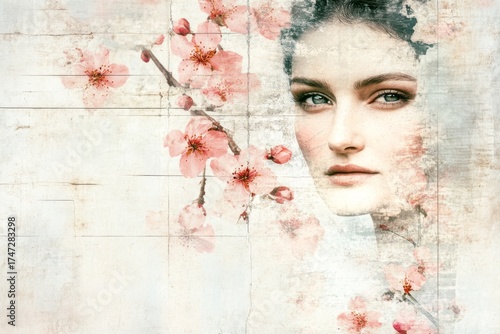 Flower on a tree blooming against the background of a woman's profile. Generative AI