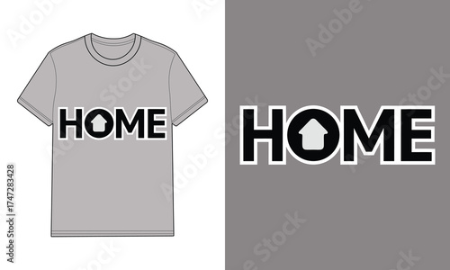 Gray t-shirt with text H O M E featuring a house icon home word