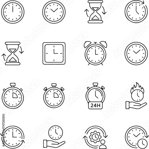 Time icon set. Containing timer, alarm, clock, schedule, hourglass, wristwatch, stopwatch, date, calendar, time management and more
