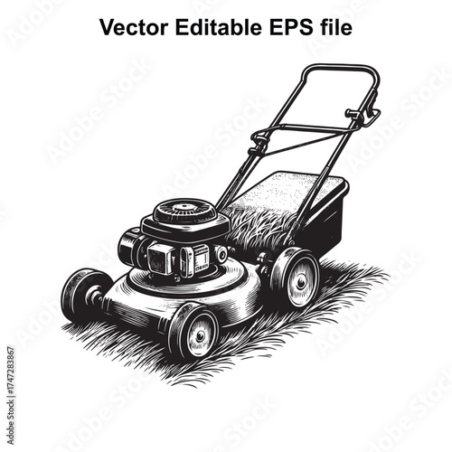 Vector art of vintage lawn mower with a grass catcher, , vector illustration