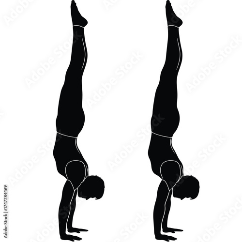 Two gymnasts performing handstands silhouette flat design - Logo vector icon stock illustration - Flat Design Icon