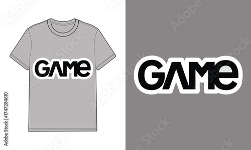 Grey t shirt with G A M E text graphic mockup