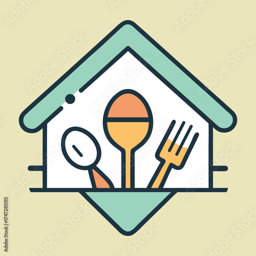 Colorful Minimalist House with Spoon and Fork Food Logo Icon

