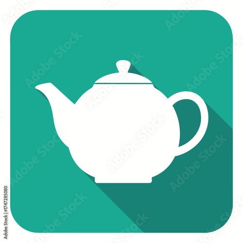 Flat design white teapot icon on teal square background - Logo vector icon stock illustration - Flat Design Icon