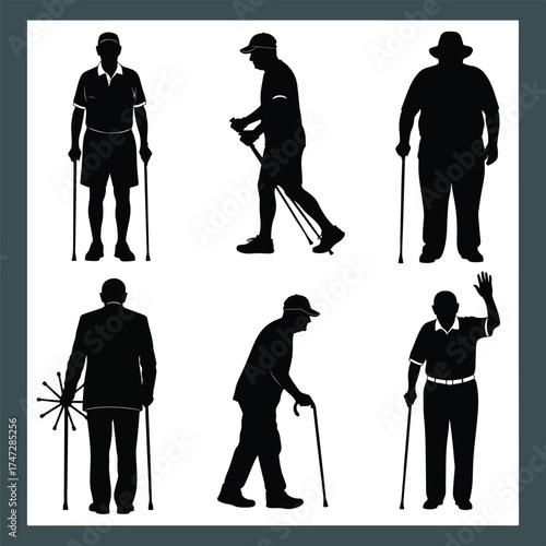 Silhouettes of elderly people with walking sticks and aids - Logo vector icon stock illustration - Flat Design Icon