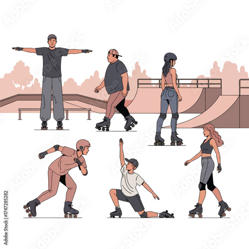 Set of flat design rollerblading people poses and action scenes - Logo vector icon stock illustration - Flat Design Icon