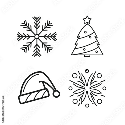 Christmas icons snowflake santa hat gift bow outline simple icons for winter holidays isolated on transparent background