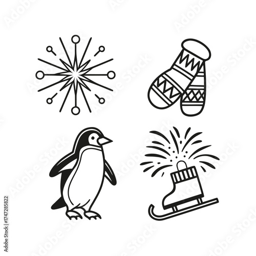 Four stylized outline christmas characters and ornaments icons set isolated on transparent background