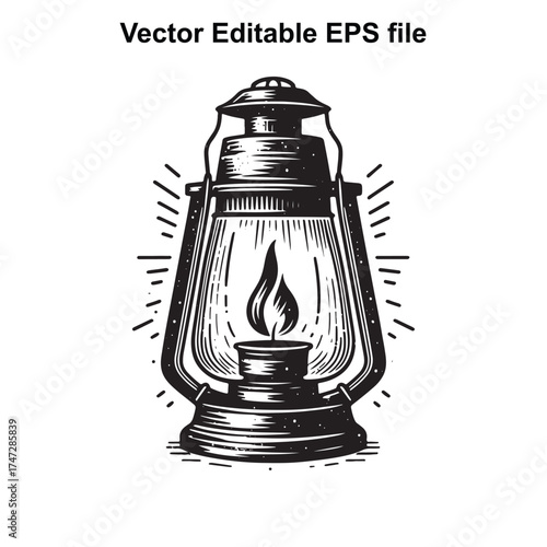 Vector art of vintage kerosene lantern with a flame