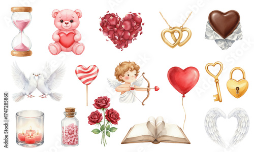 Watercolor Valentine's Day Collection – Cupid, Bear, and Love Symbols