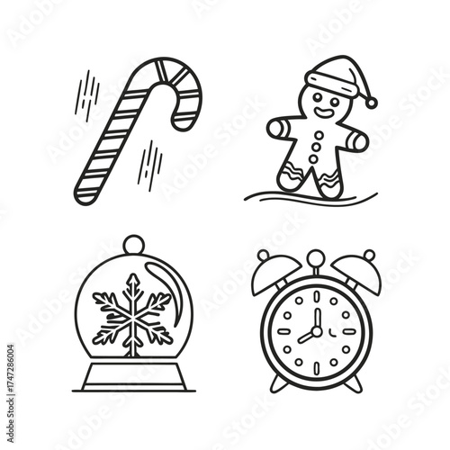 Festive winter holiday icons set candy cane snowman snow globe alarm clock isolated on transparent background