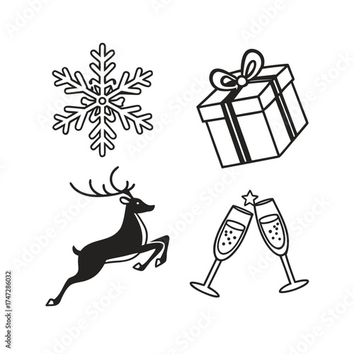 Christmas holiday icons set featuring snowflake gift deer and champagne glasses for festive celebrations isolated on transparent background