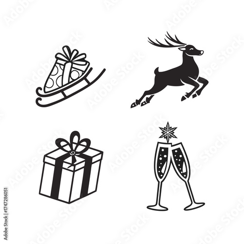 Christmas icons silhouette set for holiday design and festive celebrations isolated on transparent background