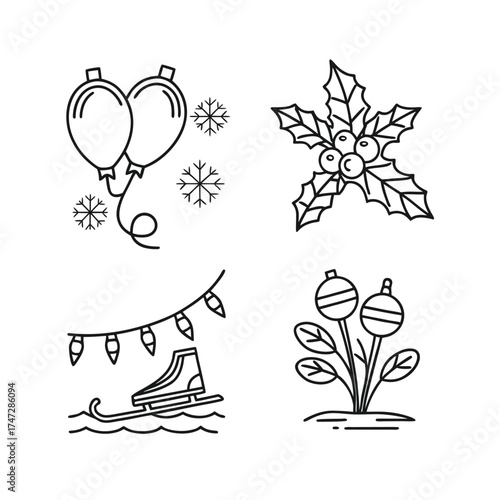 Four black and white line art silhouettes of trees for design isolated on transparent background