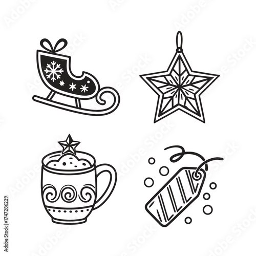 Christmas icons set sleigh hot chocolate star gift tag festive winter holiday graphics isolated on transparent background