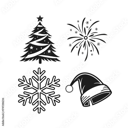 Festive silhouette icons of christmas tree snowflake santa hat and fireworks for holiday celebrations isolated on transparent background