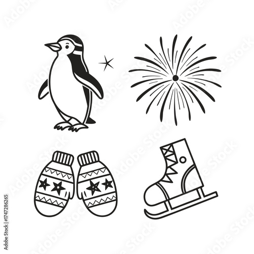 Festive winter holiday icons including penguin mittens and firework design elements isolated on transparent background