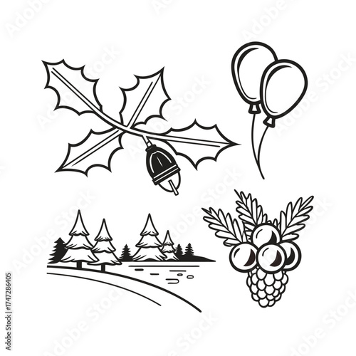 Collection of stylized hand-drawn elements including leaves balloons and cityscape silhouettes isolated on transparent background