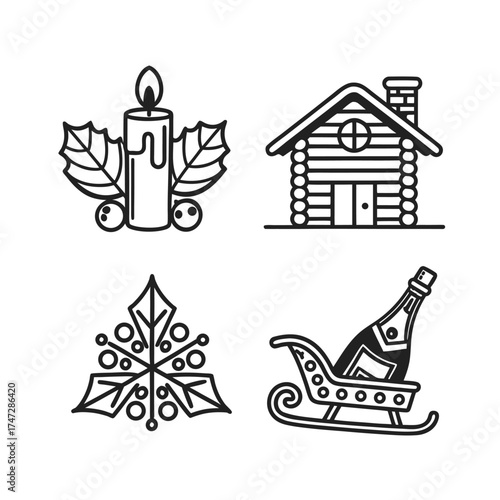 Winter holiday icons set featuring snowflake candle log cabin and champagne bottle isolated on transparent background