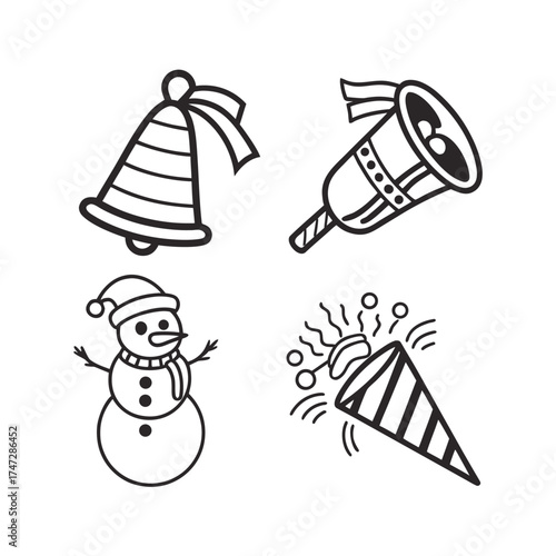Christmas icons set bells snowman and party popper outline style holiday celebration symbols isolated on transparent background