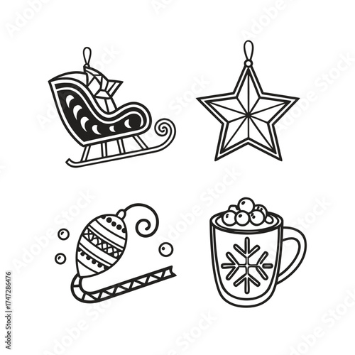 Festive christmas icons sleigh star hat and hot chocolate mug outline set isolated on transparent background