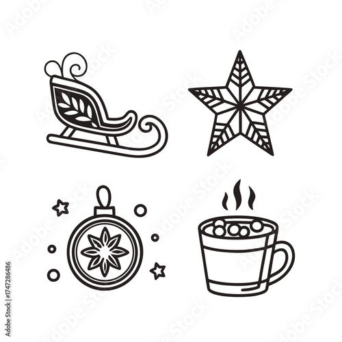 Festive winter icons a sleigh star ornament and hot cocoa cup outline isolated on transparent background