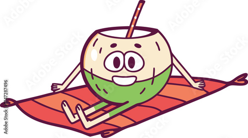 coconut mascot sunbathing on beach relaxing tropi