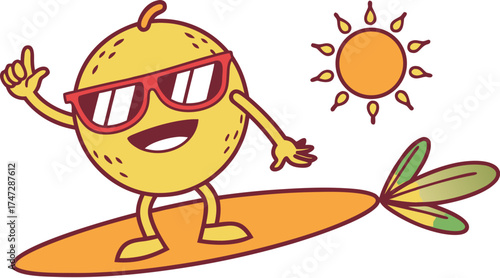 lemon mascot wearing sunglasses surfing summer be