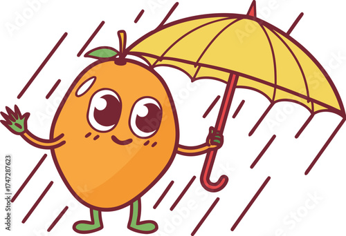 mango mascot holding umbrella in rain cute weathe