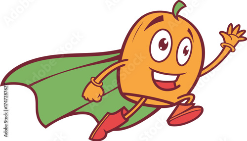 mango mascot flying with superhero cape playful c