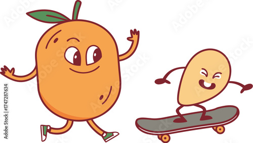 mango mascot skateboarding fast cool cartoon frui