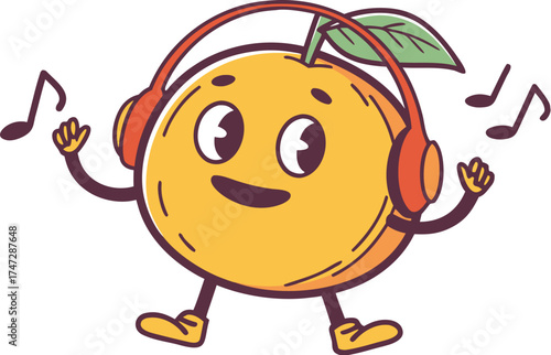 orange mascot dancing happily with headphones on