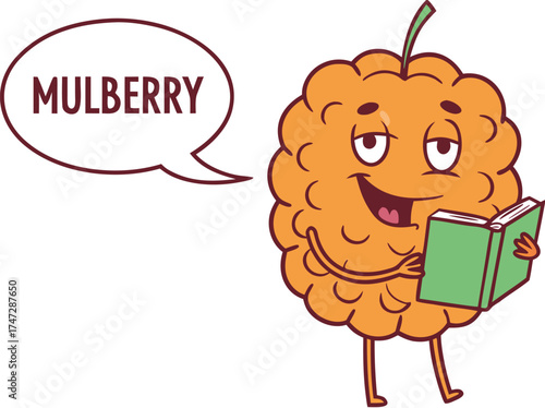mulberry mascot reading tiny book nerdy cute vect