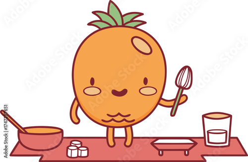 orange mascot cooking in kitchen chef cartoon fru